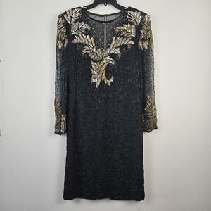 Laurence Kazar New York Silk Sequins Beaded Shift Dress M Cocktail Party Wedding